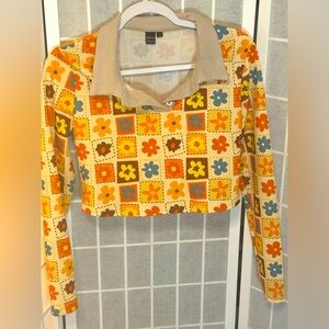L Retro Vintage Floral Print Crop Top Long Sleeve, Used— Good Condition